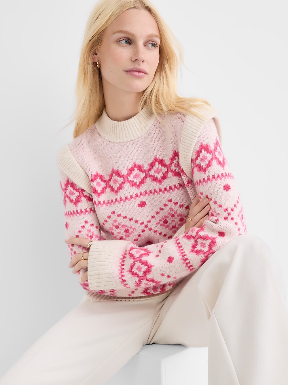 NWT LOFT Women's Pink Fair Isle Crewneck Sweater